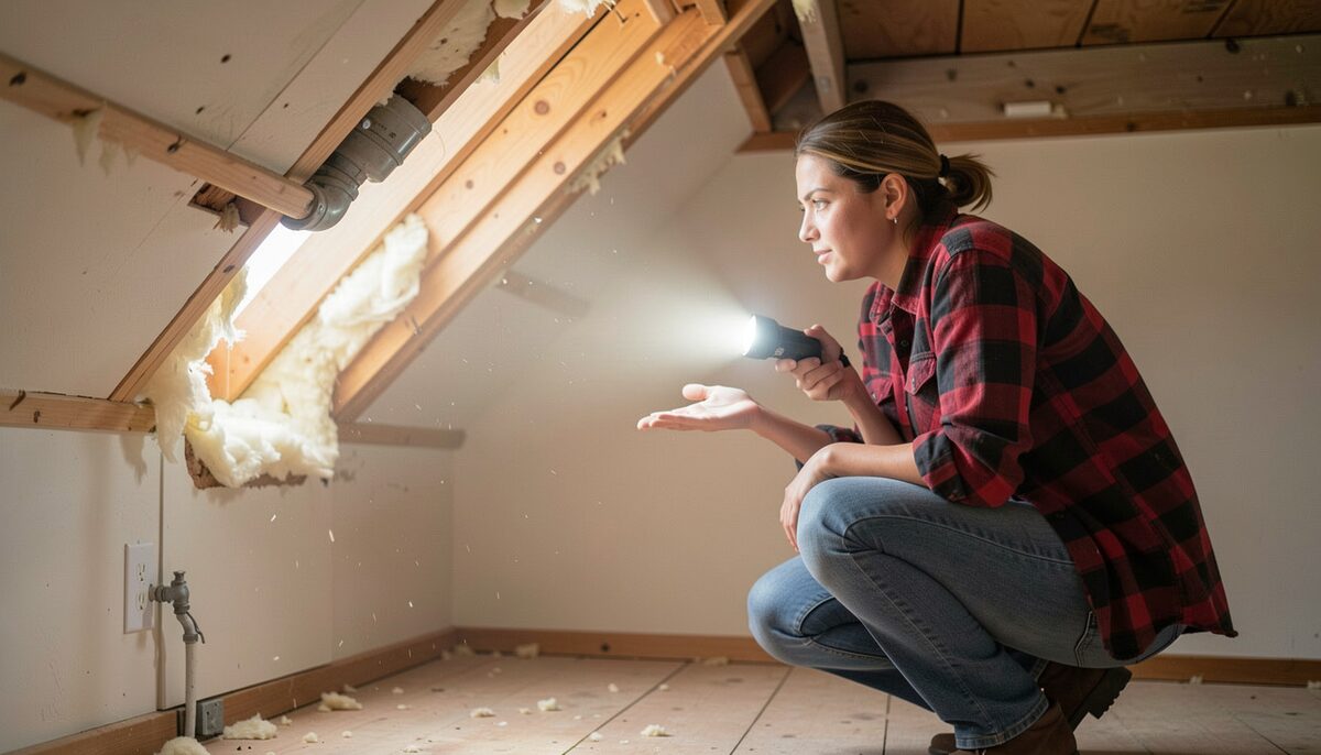 A homeowner in a flannel shirt crouches in a bare attic with a flashlight, aiming the beam at a gap where a plumbing pipe passes through the top plate of a wall, loose insulation pushed aside, morning light coming through a gable vent behind her.