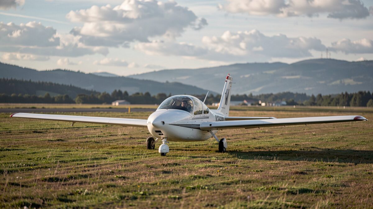 A white glider fuselage on a grass airfield in soft morning light, framed low across the runway with hills and scattered clouds in the background.