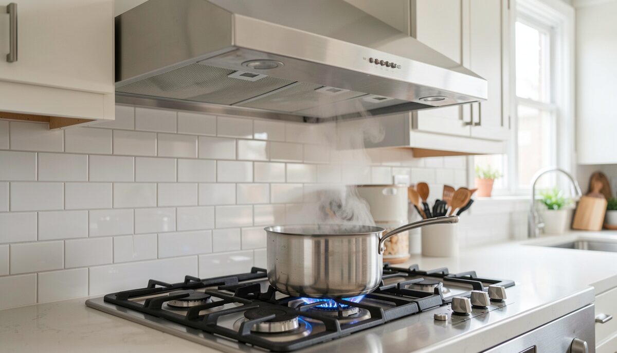 Close-up of a stainless steel range hood mounted above a gas cooktop in a bright home kitchen, with a pot of water steaming on the burner and a faint vapor plume rising toward the hood.