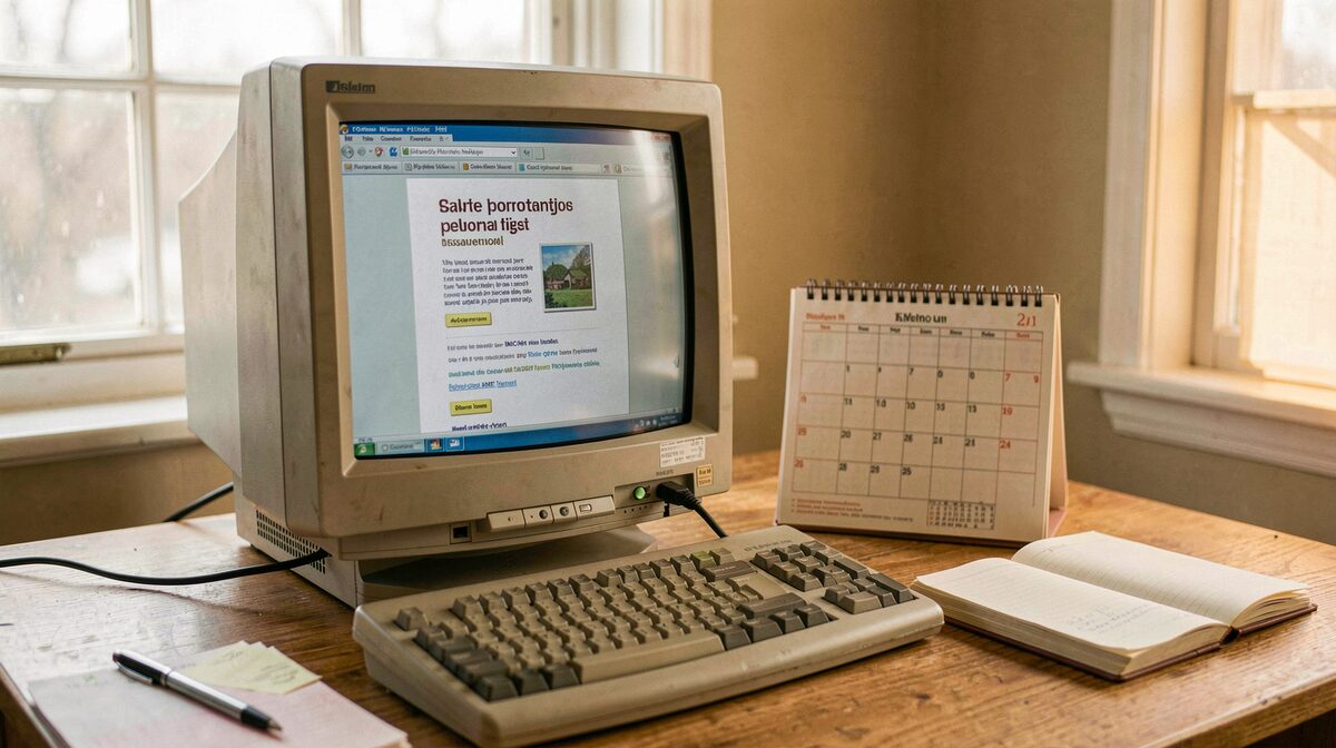 A desk with an old CRT monitor showing a simple dated personal webpage, a printed calendar and a notebook beside it, warm afternoon window light, eye-level close framing.