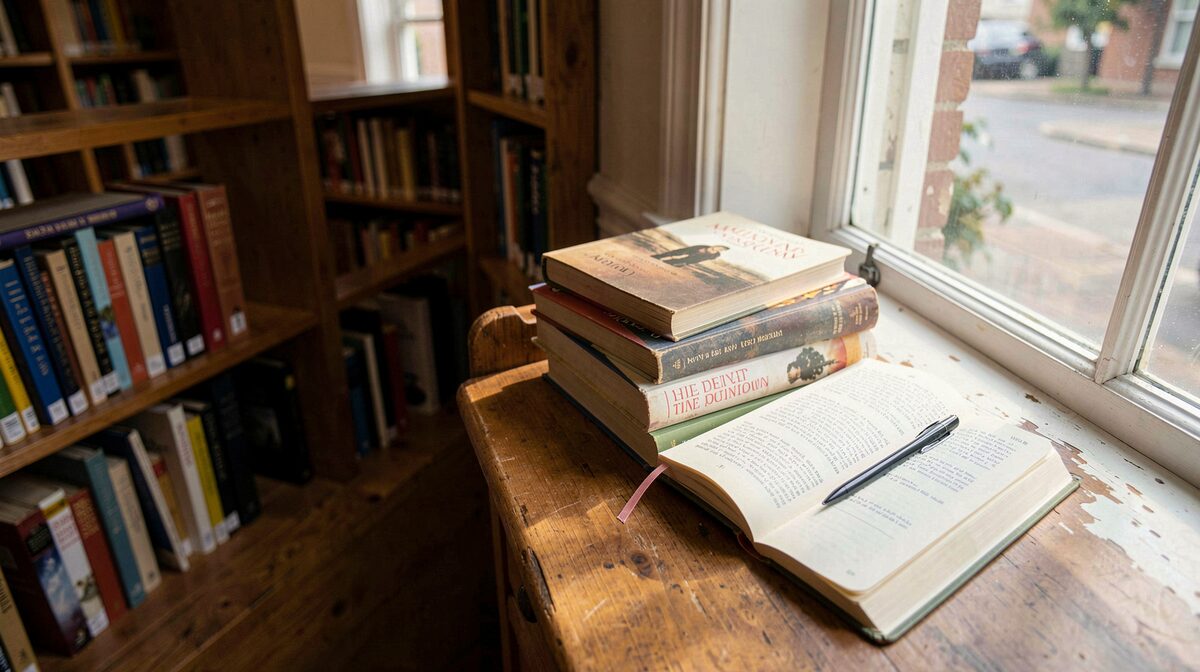 An open notebook beside a library reading-room window with soft afternoon light on stacked books, shot from above at a slight angle.