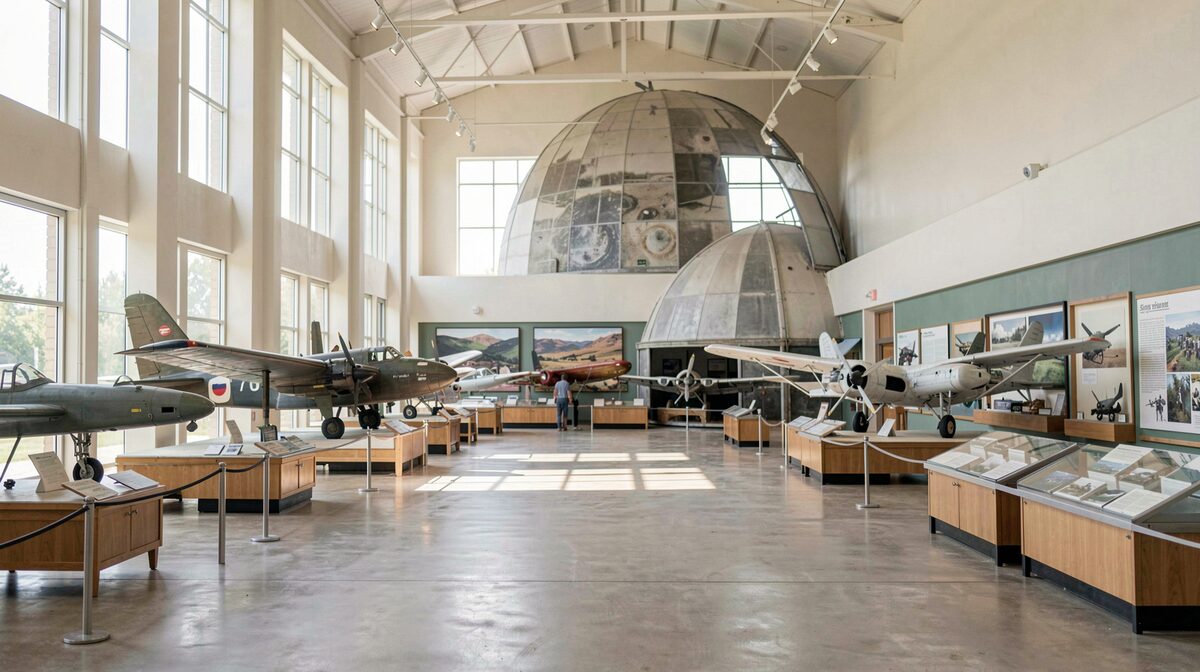 A bright museum hall in Jamestown with aviation displays and a planetarium dome in the background, daylight through tall windows, wide interior shot.