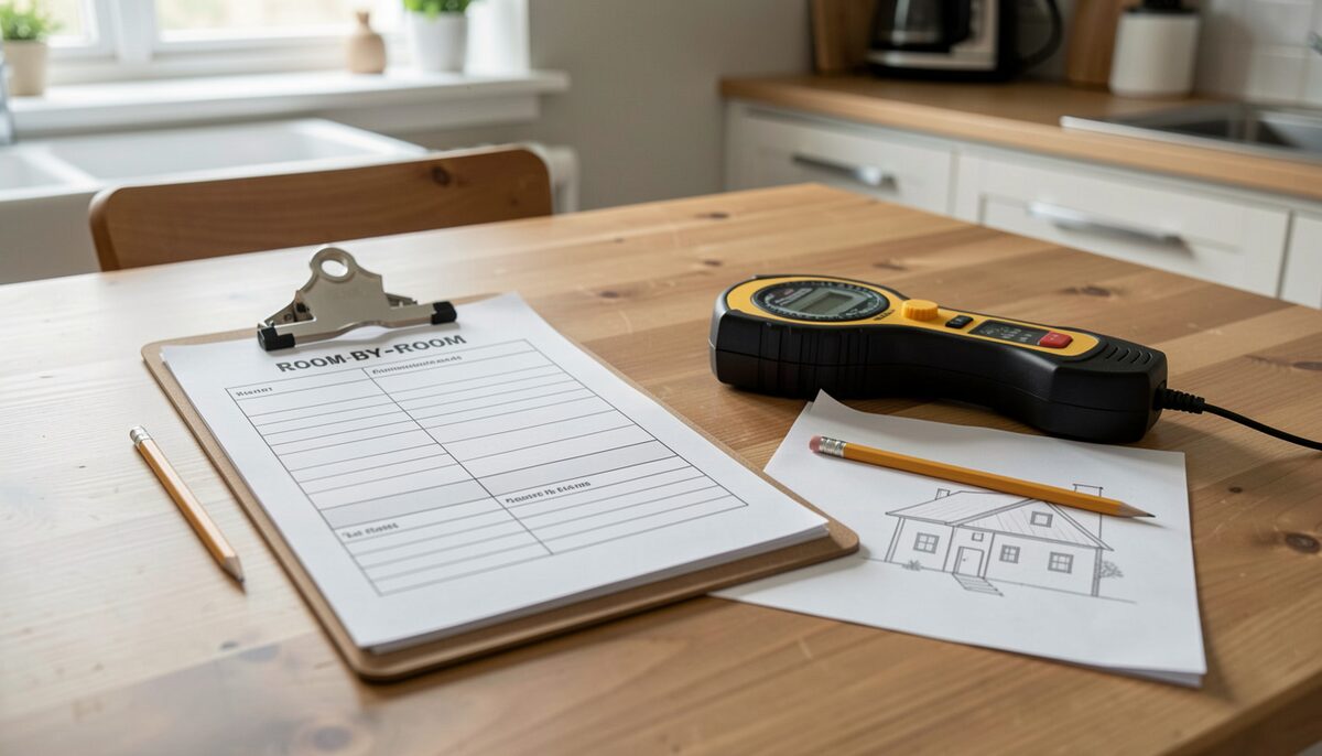 A photograph of a clipboard on a kitchen table holding a printed room-by-room worksheet with blank fields, next to a laser distance measurer, a pencil and a folded floor plan sketch of a small house, photographed in soft daylight.