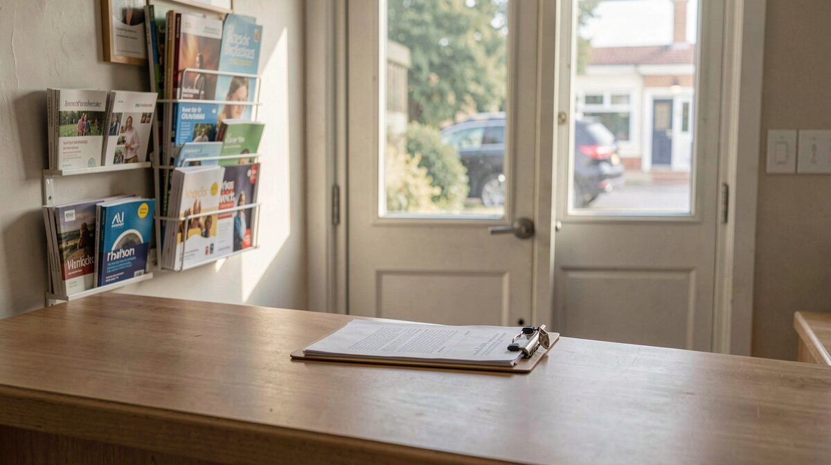 A quiet reception desk with a clipboard, brochures in a wall rack, and soft morning light through a front window, framed straight-on.