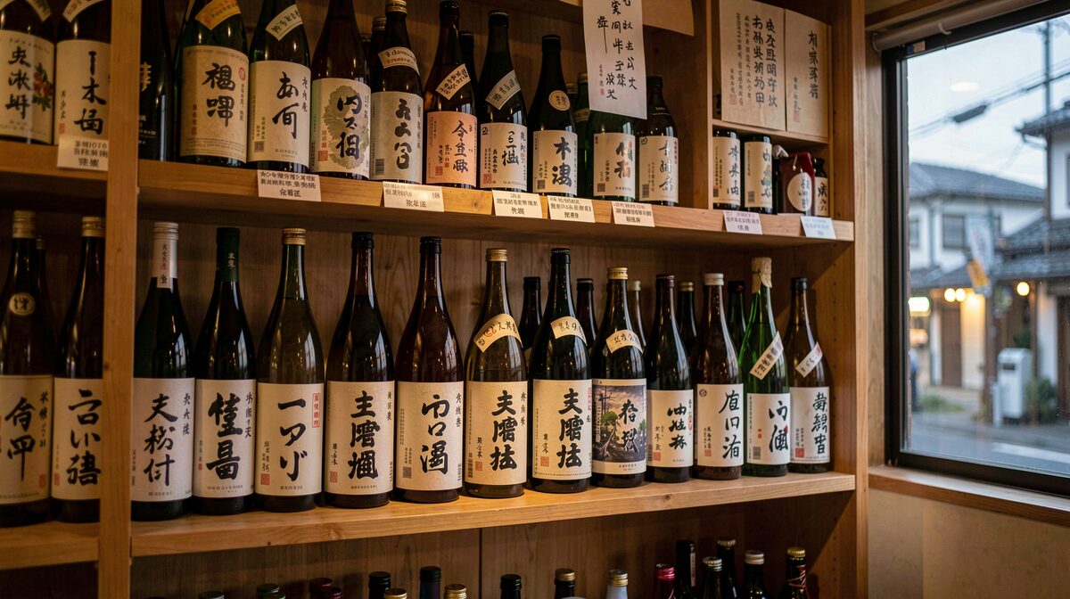 A bilingual sake shop shelf at dusk, bottles with paper labels arranged by region, soft window light, shot straight on at eye level.