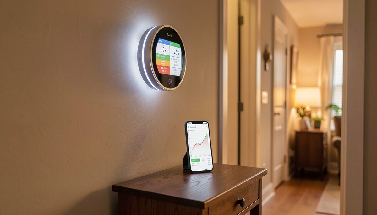 A photograph of a round smart thermostat on a hallway wall glowing with a schedule display, with a smartphone on a console table below showing a temperature graph, in a residential entryway with warm evening light.