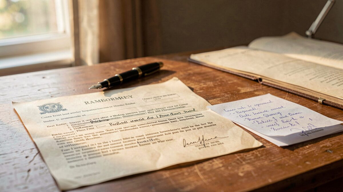A wooden desk with a property deed, a promissory note and a pen under warm window light, framed as a close-up of documents.