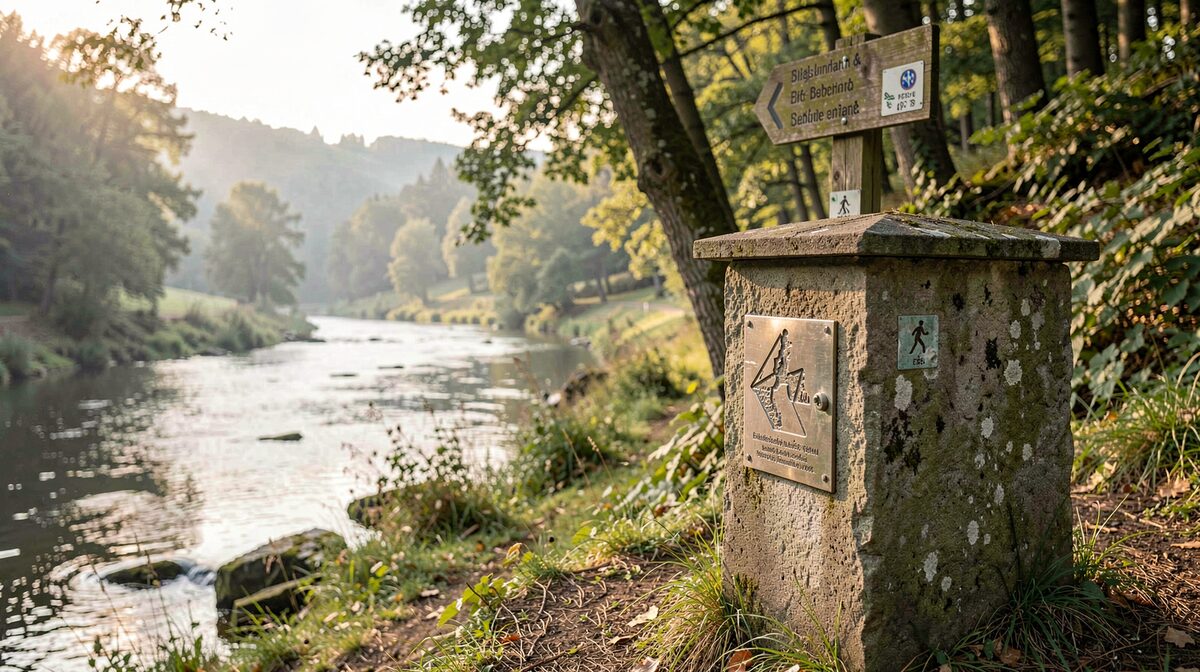 A river valley trail signpost beside a stone hiking stamp box in the Eifel, morning light filtering through trees, framed from a hiker's eye level.