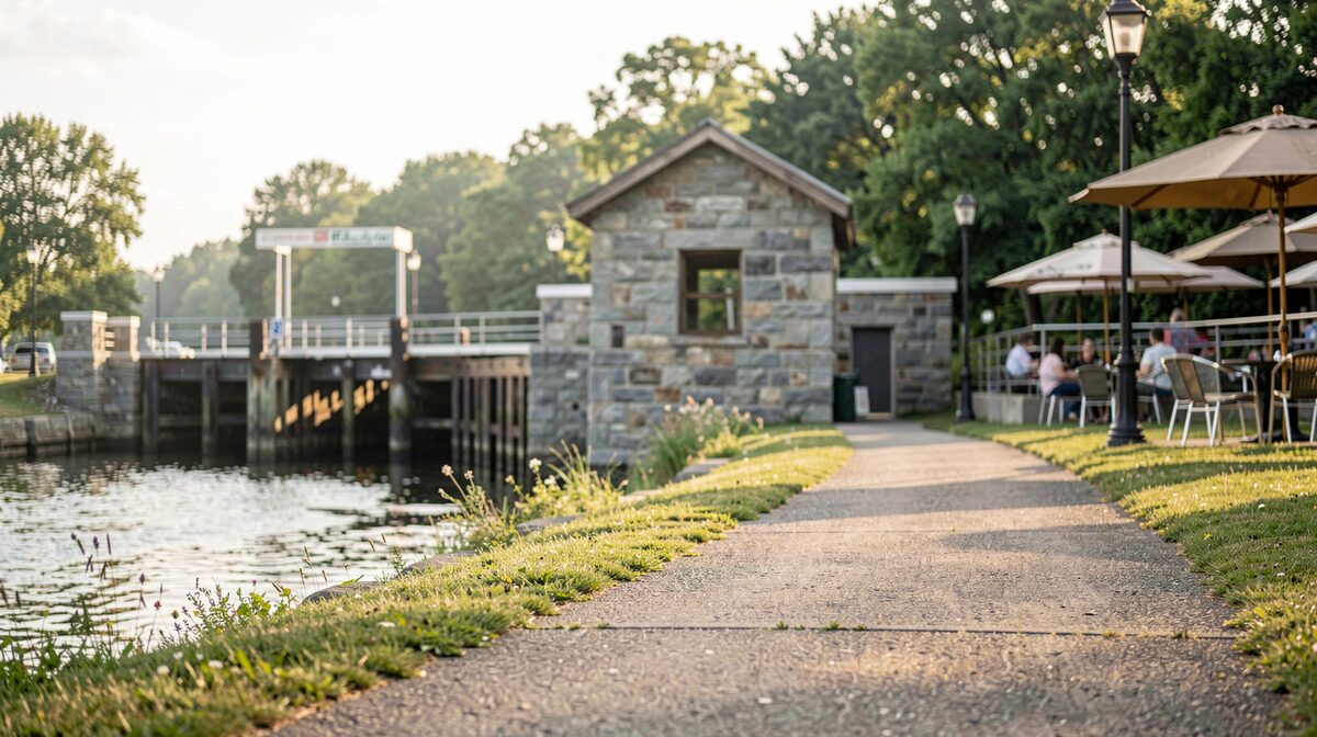 Morning light on the Delaware Canal towpath in New Hope, with a stone lock structure and café terrace in soft focus, framed as a low wide shot at eye level.