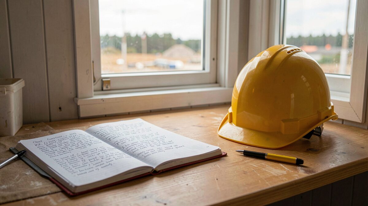 A site office cabin on a Danish construction site, the open site diary on the desk beside a hard hat, morning light through the window, close framing on the handwritten pages.
