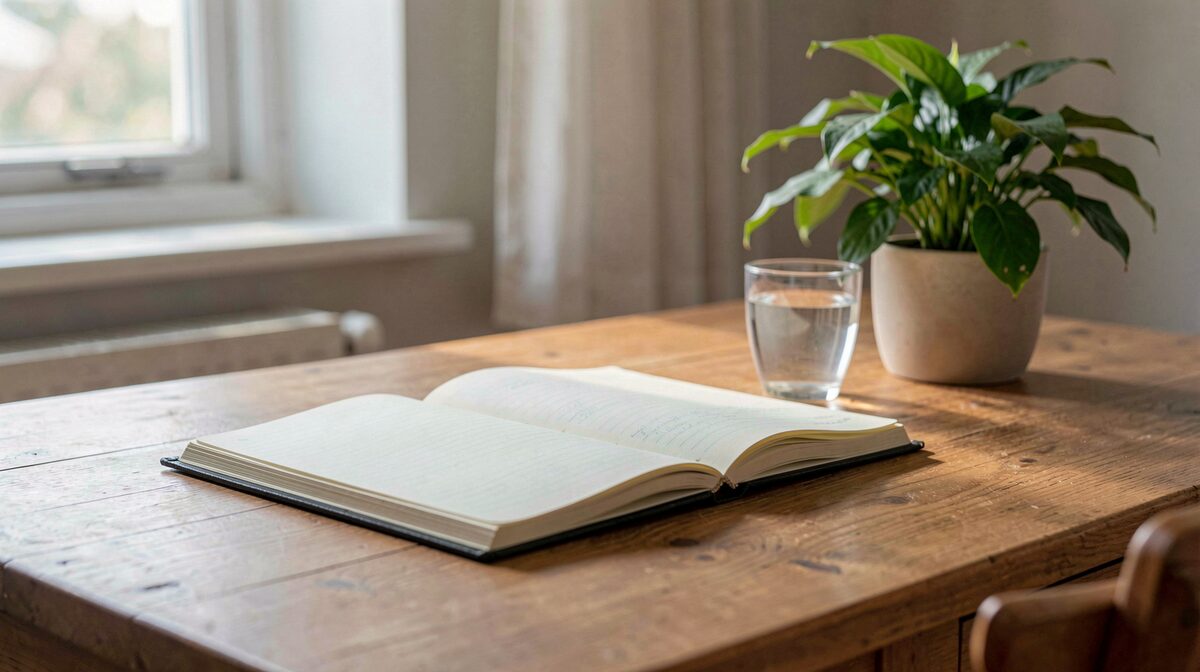 A calm Dutch home office in morning light, with a notebook, a glass of water, and a plant on a wooden desk, framed as a still life.