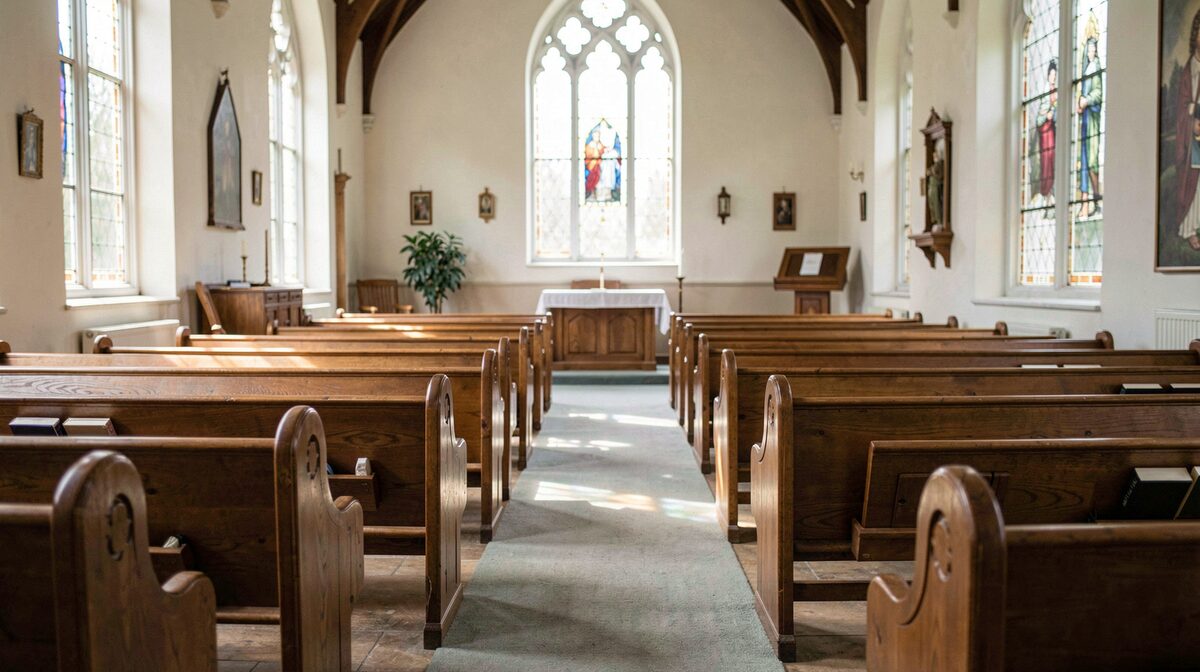 A quiet suburban church sanctuary on a weekday morning, empty wooden pews, soft daylight through tall windows, wide interior shot.